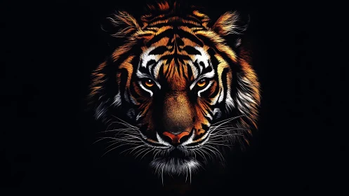 Tiger face close-up on black background, intense gaze focus.