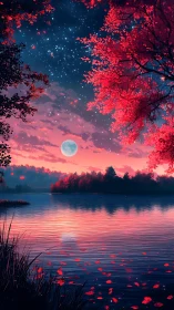Moonrise over crimson lake dreaming in starlit twilight.