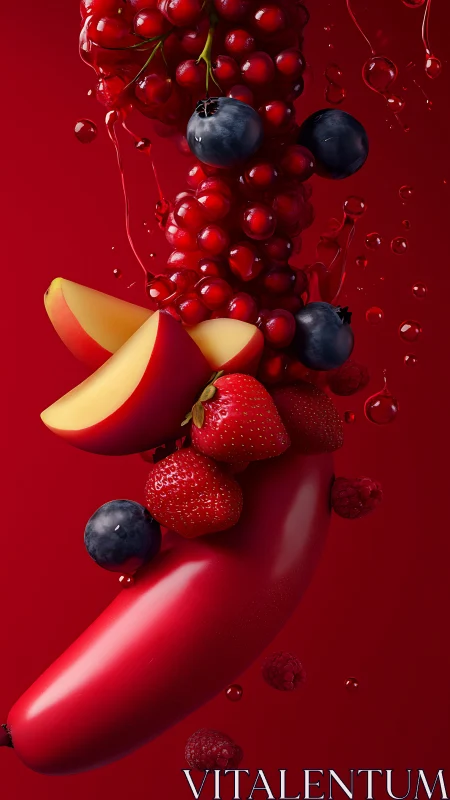 Vibrant red banana sculpture suspends mixed berries midair