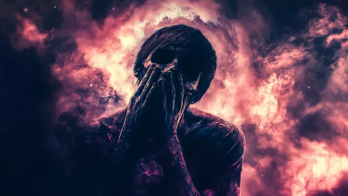 Humanoid figure with skull face amid glowing cosmic clouds.