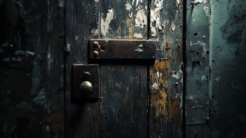 Weathered wooden door with rusted lock under moody light.