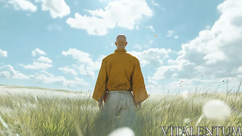 Quiet wanderer standing in sunlit meadow under soft clouds.