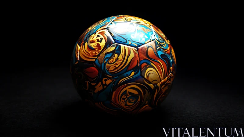 Colorful patterned soccer ball glowing in soft studio light.