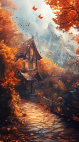 Autumn forest cottage under mountains with falling leaves.