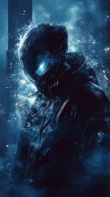 Cryonic spectral android emerging from volumetric blue fog.