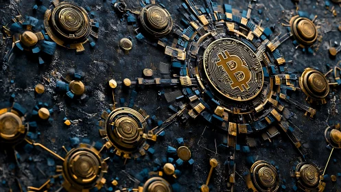 Radiant bitcoin hub glowing with intricate digital energy.