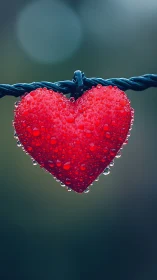 Red heart pendant suspended on rope with water droplets