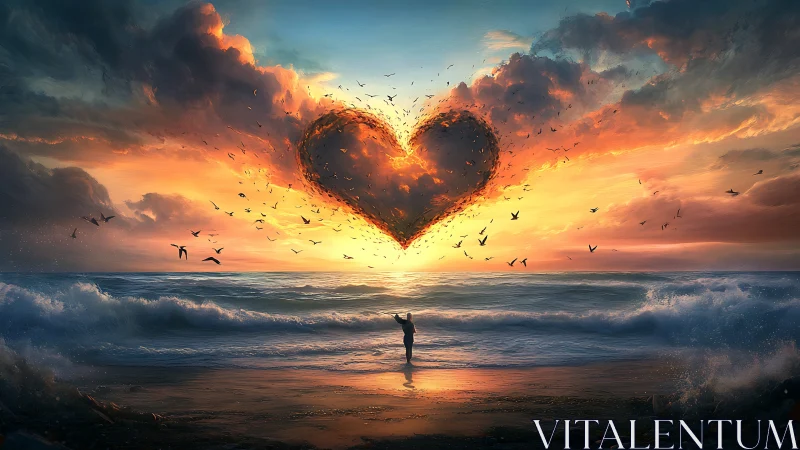 Solitary Figure Gazes at Cosmic Heart in Burning Sky