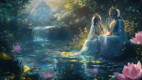 Divine lovers rest beside radiant lotus waterfall pond.