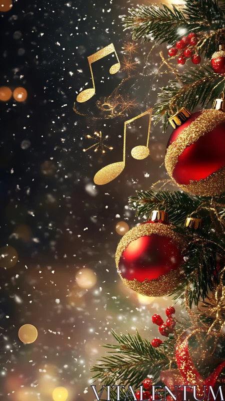 Christmas tree ornaments glow beside golden music notes
