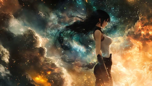 Female anime figure in dense multicolored nebula field.