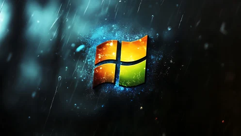 Multicolored segmented window emblem in rainy dark field.