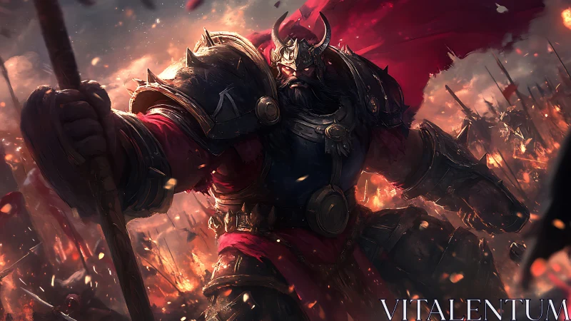 Battle hardened warlord strides through a blazing battlefield.