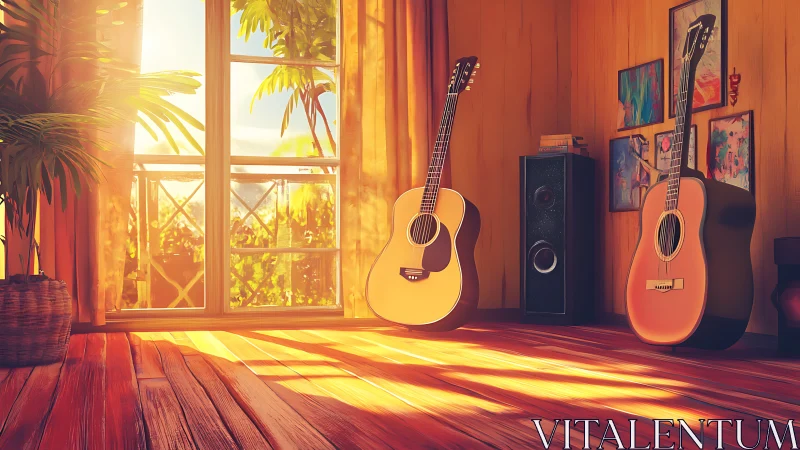 Sunlit guitar studio corner with warm wooden interior.