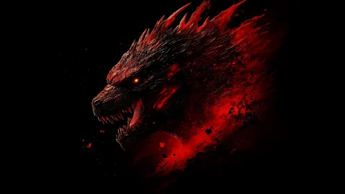 Fiery kaiju profile explodes from darkness in red fury.