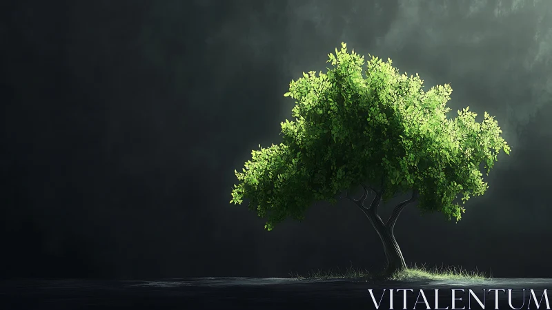 Lush Green Tree Illuminated Against Dark Dramatic Background.