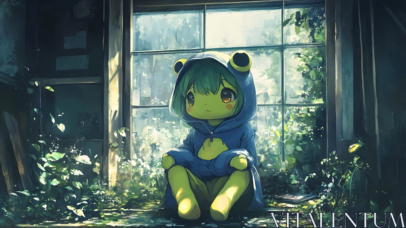 Quiet frog-hooded child rests in a softly glowing garden room