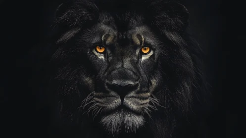 Low-key frontal lion portrait with high-contrast chiaroscuro lighting
