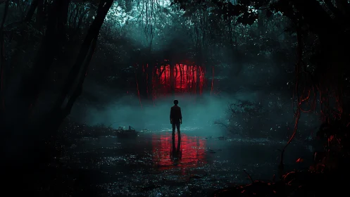 Solitary human figure in misted swamp before red light portal.