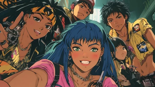 Urban street crew poses for a bold, colorful group selfie.