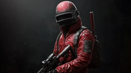 Scarlet urban trooper paused in a hush of digital dusk.