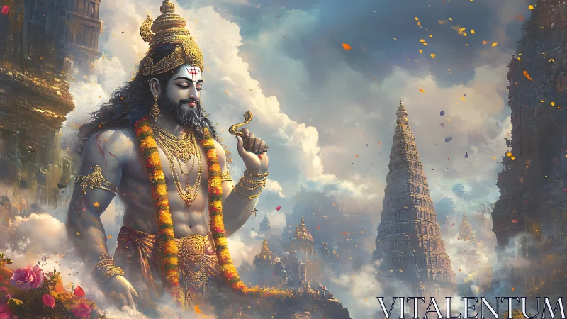 Divine warrior deity dominates ethereal temple skyline in clouds