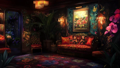 Luxurious floral lounge with jewel-tone lighting and art.
