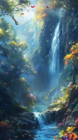 Luminescent cascade in chromatic forest ravine ecosystem.