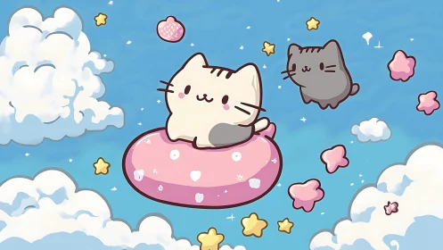 Kawaii Cat Character in Pink Inflatable Floating Among Celestial Elements.
