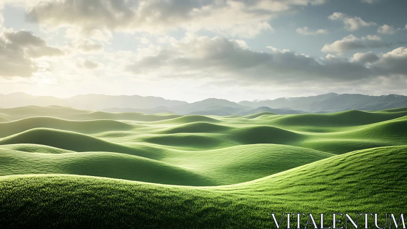 Sunlit green waves rolling across a peaceful valley.