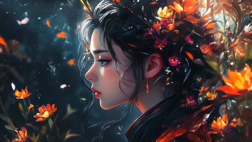 Luminous floral portrait of contemplative woman in profile.