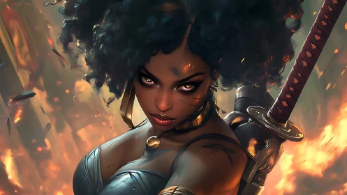 Warrior woman with sword stands amid fire and falling debris