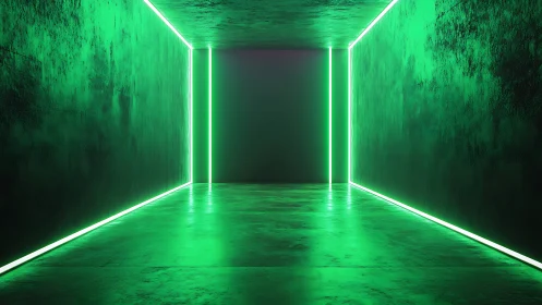 Neon green corridor glows with linear light along dark walls
