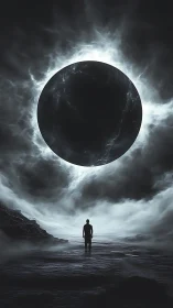 Solitary figure confronts luminous void sphere in storm-laden abyss