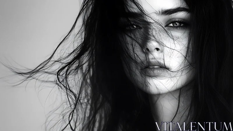 Monochrome portrait with windswept hair and intense gaze.