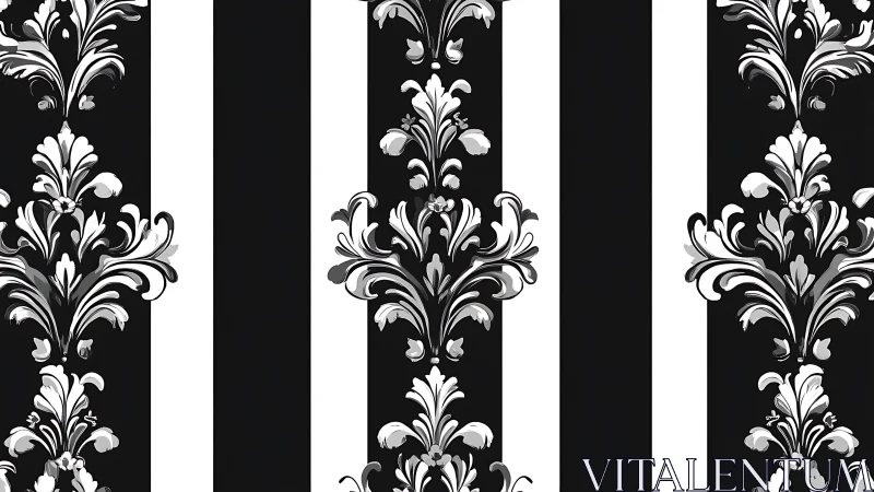 Baroque damask over bold black and white vertical stripes.