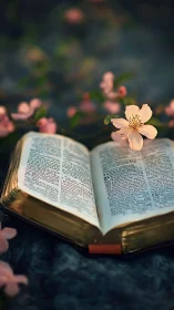 Open gilt-edged Bible with soft pink blossom resting gently.