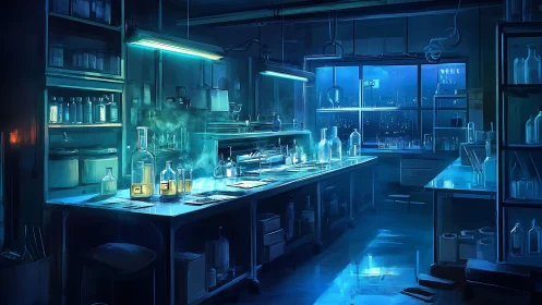 Nocturnal neon-lit chemistry lab with glassware and cityscape