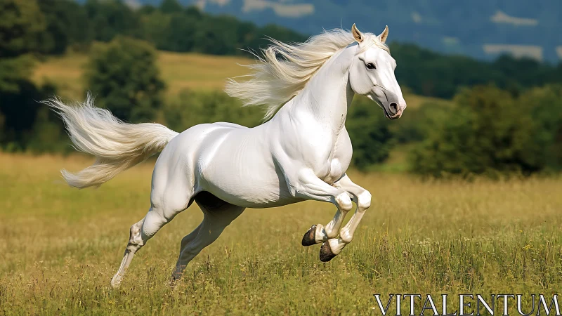 White horse runs freely across a sunlit summer meadow