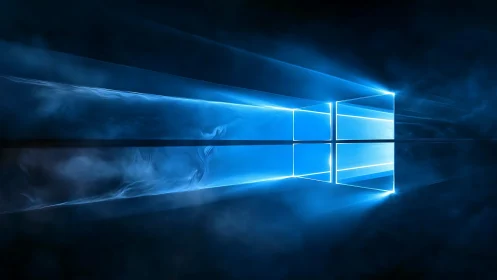 Glowing blue window logo in dark digital misty space.