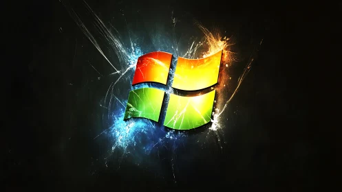 Glowing glass window logo radiates energy across darkness