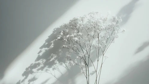 Delicate white flowering stems cast geometric shadows on neutral background