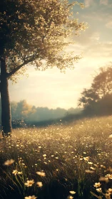 Golden meadow sunrise beneath luminous spring tree.