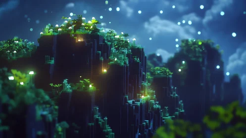 Glowing voxel cliffs rise under a dreamy, star-flecked night sky