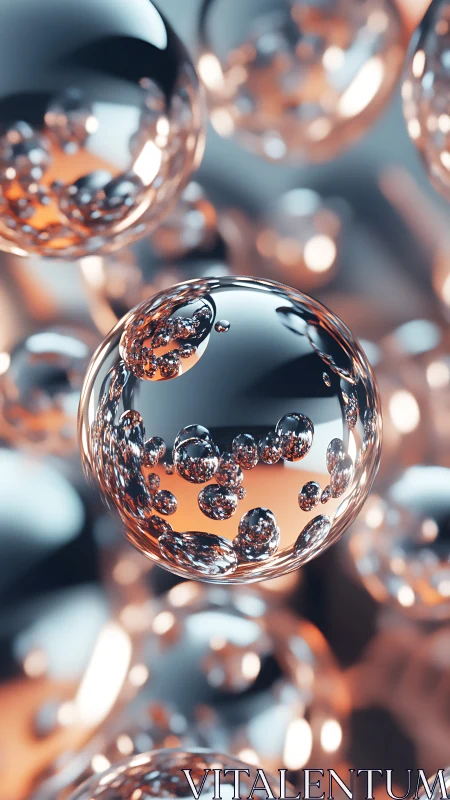 Chrome liquid spheres with suspended bubbles in focus.