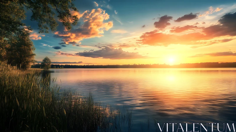 Sunset light reflects across a calm, reed-lined lakeshore