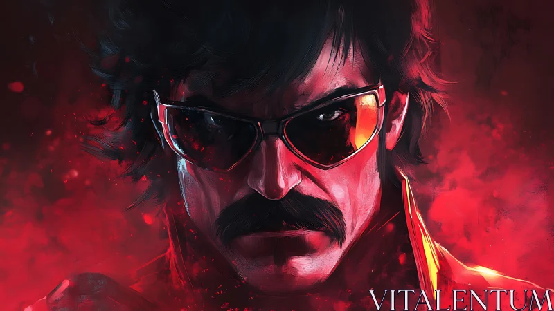 Chromatic cyber-portrait of mustached enforcer in red haze.