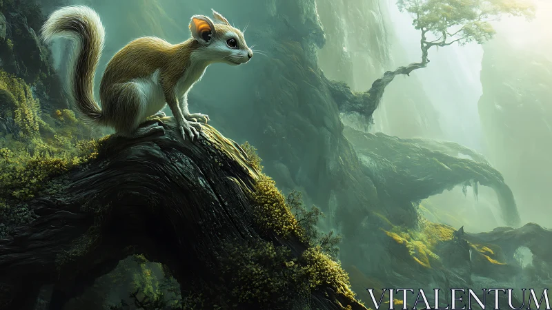 Curious forest creature gazes over misty, ancient valley.