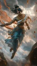 Mythic warrior ascends through storm-torn clouds in dynamic light