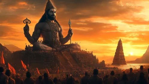 Colossal Hindu deity statue rises over sunset temple gathering
